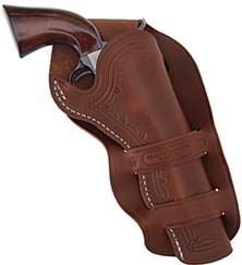 Cheyenne Double Loop Holster,
right hand cross draw , 5-1/2" barrel, brown leather,
fits Colt Single Action Army revolvers and others